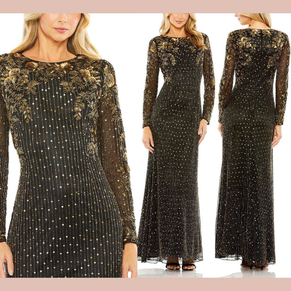NWT Mac Duggal [ 8 ] 5956 High Neck Long Sleeve Embellished Gown Black GLD S1886